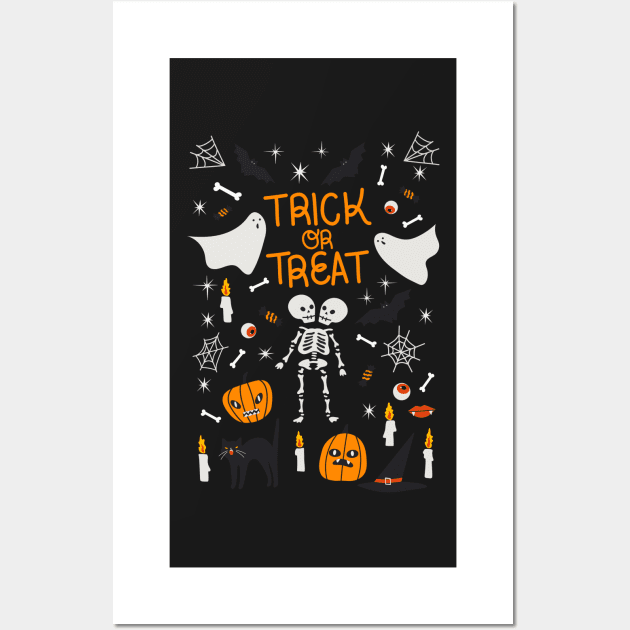 halooween, skeleton, black cat, trick or treat, ghost, bat, fire, candle, holiday, gift, for him, for her, child Wall Art by AnnaMartaFoley